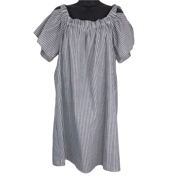 She & Sky Striped On Off Shoulder Cold Shoulder Tie Mini Dress SIZE LARGE - Picture 10 of 10